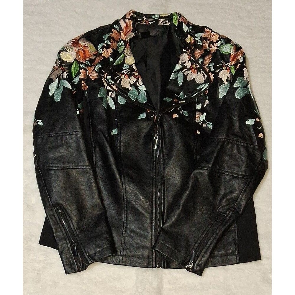 Colleen Lopez Faux Leather riding Jacket Floral Print sz sm